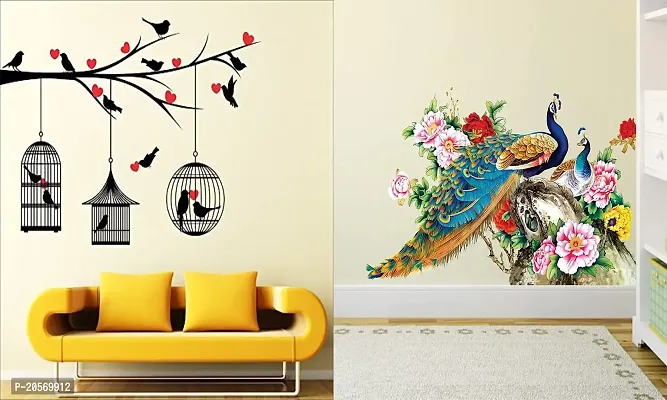 Ghar Kraft Set of 2 Wall Sticker Love Birds with Hearts and Royal Peacock Wall Sticker