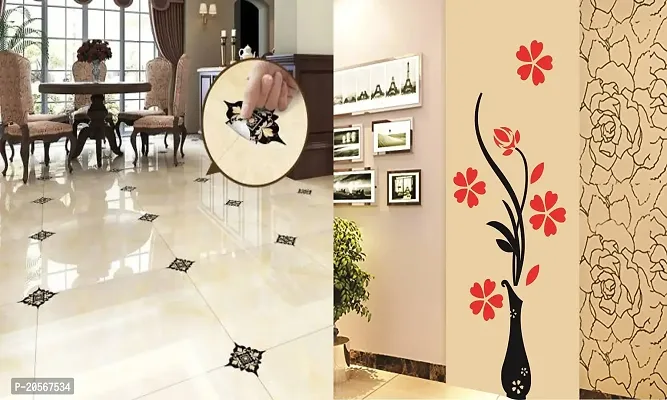 Ghar Kraft Set of 2 Wall Sticker Black with Golden Leaf Floor and Flower Vase Red Wall Sticker