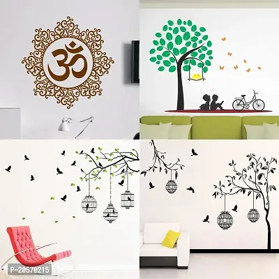 Ghar Kraft Set of 4 Combo Wall Stickers|Designer Om|Flying Birds  case|Free Bird case Black|Kids Under Tree