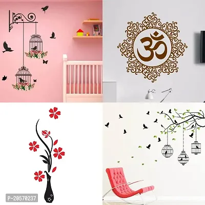 Ghar Kraft Set of 4 Combo Wall Stickers|Branches and Cages|Designer Om|Flower Vase Red|Flying Birds  case