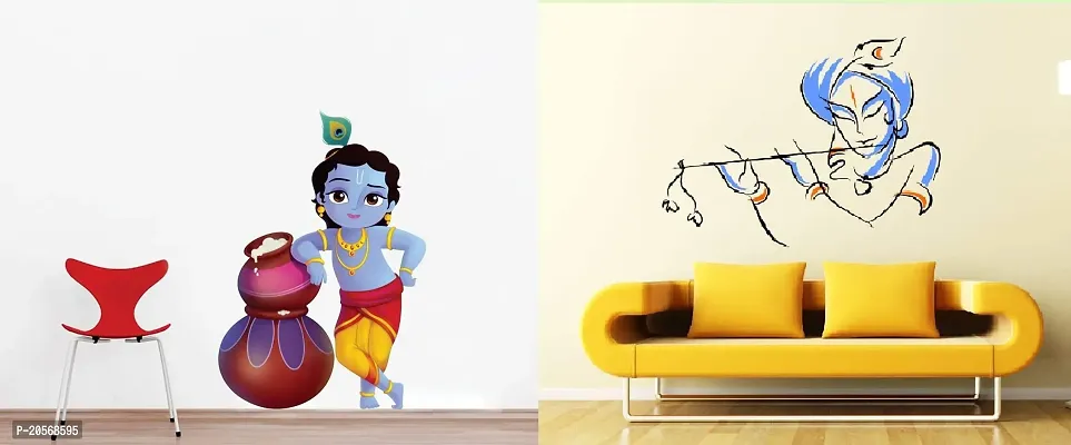 Ghar Kraft Set of 2 Self Adhesive Wall Sticker Cute Bal Krishna Makhan Chor and Bansidhar Wall Sticker for Puja Room Home Living Room Bedroom Kids Room