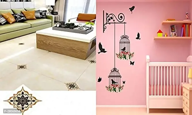 Ghar Kraft Set of 2 Wall Sticker Black with Golden Rangoli Floor Sticker Branches and Cages Wall Sticker-thumb2