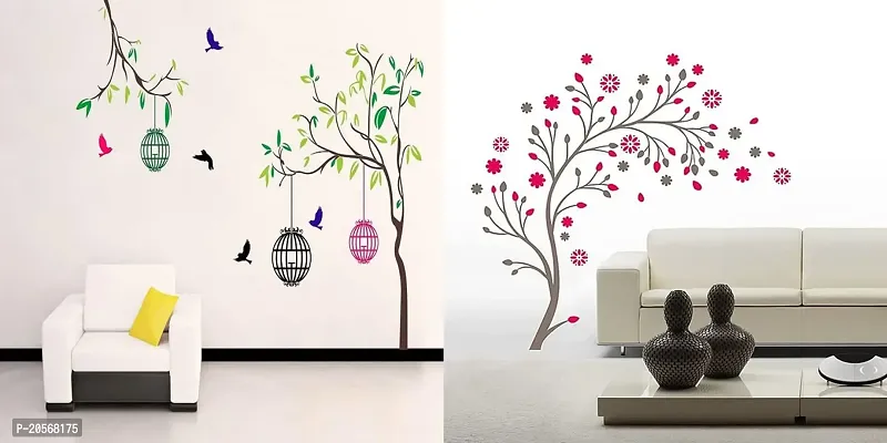 Ghar Kraft Set of 2 Free Bird Case Magical Tree Self Adhesive Hall, Living Room, Kids Room Wall Sticker