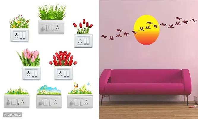 Ghar Kraft Set of 2 Wall Sticker Sb Flower and Sunrise with Flying Birds Wall Sticker-thumb0