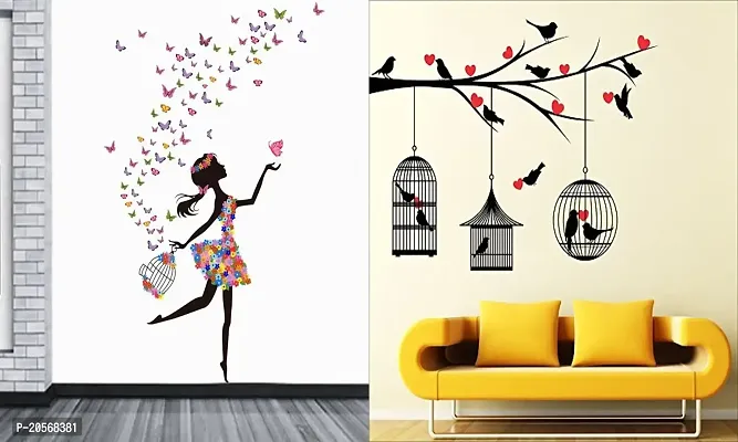 Ghar KraftSet of 2 Wall Sticker Dream Girl and Love Birds with Hearts Wall Sticker