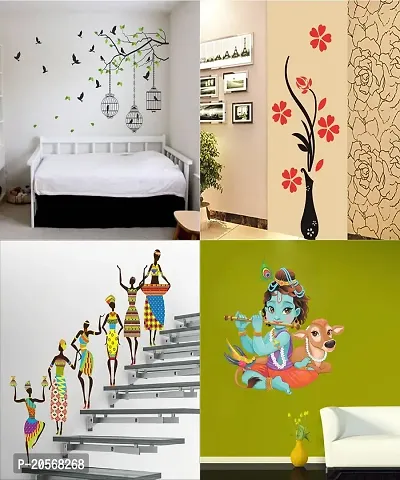 Ghar Kraft Set of 4 Wall Sticker Tribal Lady | Flower Vase Red | Flying Bird with Cage | Flying Bird with Cage | Flying Bird with Cage | Lord Krishna Playing with Cow