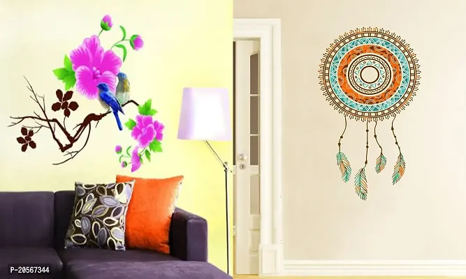 Ghar Kraft Set of 2 Wall Sticker Blue Bird and Hand Drawn Dreamcatcher Wall Sticker