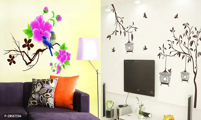 Ghar Kraft Set of 2 Wall Sticker Blue Bird and Free Bird Cage Brown Wall Sticker