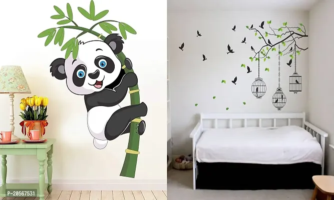 Ghar Kraft Set of 2 Wall Sticker Baby Panda and Flying Bird with Cage Wall Sticker