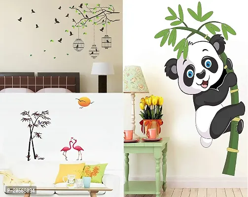 Ghar Kraft Flying Bird with Cage and Sunset Swan Wall Sticker +1 Baby Panda Sticker Wall Decals for Home, Living Room, Bedroom Decoration
