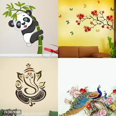 Ghar Kraft Set of 4 Combo Wall Stickers|Chinese Flower|Royal Ganesh|Royal Peacock|Baby Panda