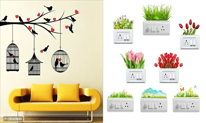 Ghar Kraft Set of 2 Wall Sticker Love Birds with Hearts and Sb Flower Wall Sticker