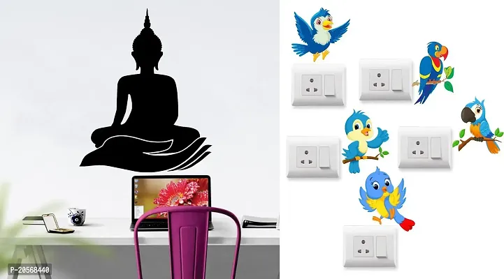 GHAR KRAFT Palm Budhha Wall Sticker and Twitter Bird Switch Board for Room, Hall, Kitchen (PVC Viny)