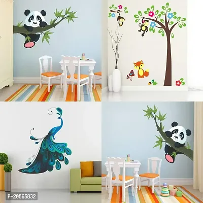 Ghar Kraft Panda | Peacock | Flower Tree with Animal Wall Sticker Set of 4 for Home D?cor/Walls/Livingroom/Hall