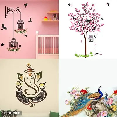 Ghar Kraft Set of 4 Combo Wall Stickers|Branches and Cages|Pink Tree Bird  Nest|Royal Ganesh|Royal Peacock|