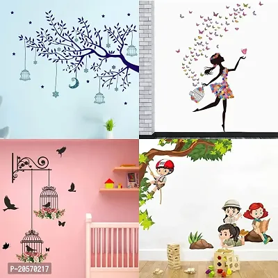 Ghar Kraft Set of 4 Combo Wall Stickers|Blue Tree Moon|Dreamy Girl|Branches and Cages|Kids Activity|