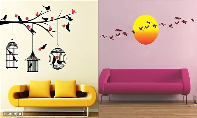 Ghar Kraft Set of 2 Wall Sticker Love Birds with Hearts and Sunrise with Flying Birds Wall Sticker