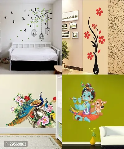 Ghar Kraft Set of 4 Wall Sticker Royal Peacock | Flying Bird with Cage | Flower Vase Red | Flower Vase Red | Flower Vase Red | Lord Krishna Playing with Cow