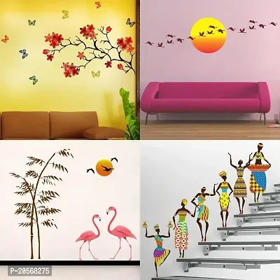 Ghar Kraft Set of 4 Combo Wall Stickers|Chinese Flower|Sunrise  Flying Bird|Sunset swan Love|Tribal Lady|-thumb0