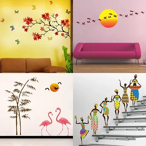 Ghar Kraft Set of 4 Combo Wall Stickers|Chinese Flower