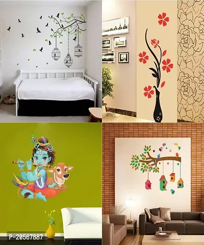 Ghar Kraft Set of 4 Wall Sticker Lord Krishna Playing With Cow | Flower Vase Red | Lord Krishna Playing With Cow | Lord Krishna Playing With Cow | Lord Krishna Playing With Cow | Flying Bird With Cage