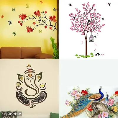 Ghar Kraft Set of 4 Combo Wall Stickers|Chinese Flower|Pink Tree Bird  Nest|Royal Ganesh|Royal Peacock|-thumb0
