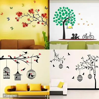 Ghar Kraft Set of 4 Combo Wall Stickers|Chinese Flower|Free Bird case Black|Kids Under Tree|Lovebirds  Hearts