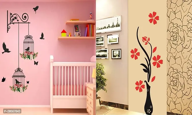 Ghar Kraft Set of 2 Wall Sticker Branches and Cages and Flower Vase Red Wall Sticker