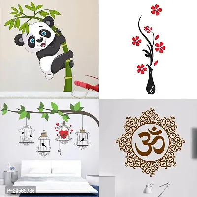 Ghar Kraft Set of 4 Combo Wall Stickers|Baby Panda|Birdcase Key|Designer Om|Flower Vase Red|