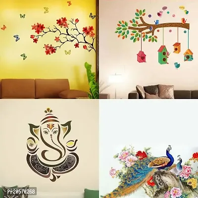 Ghar Kraft Set of 4 Combo Wall Stickers|Chinese Flower|Royal Peacock|Baby Panda|Bird House Branch