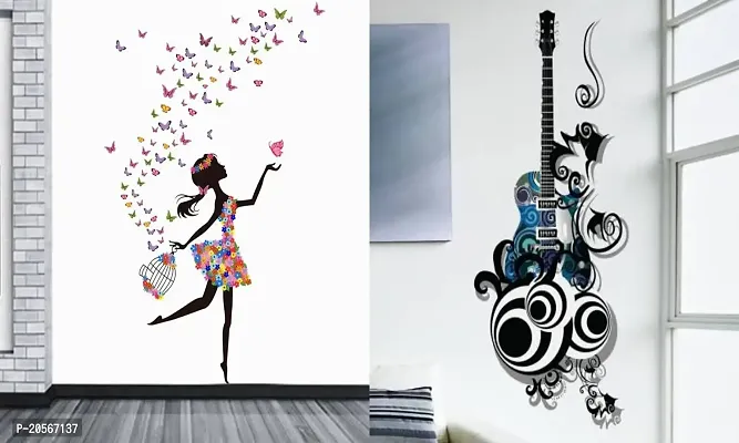 Ghar Kraft Set of 2 Wall Sticker Dream Girl and Guitar Wall Sticker