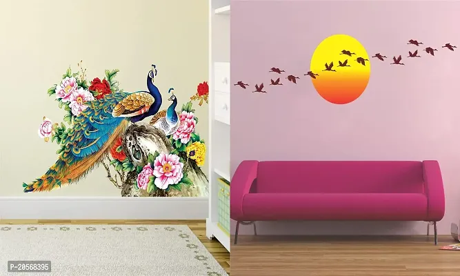 Ghar Kraft Set of 2 Wall Sticker Royal Peacock and Sunrise with Flying Birds Wall Sticker