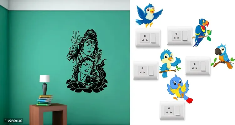 GHAR KRAFT Shiv Parwati Wall Sticker and Twitter BirdSwitch Board Sticker for Room, Hall, Kitchen (PVC Viny)