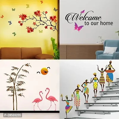 Ghar Kraft Set of 4 Combo Wall Stickers|Chinese Flower|Sunset swan Love|Tribal Lady|Welcome Home Butterfly|-thumb0