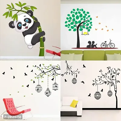 Ghar Kraft Set of 4 Combo Wall Stickers|Baby Panda|Flying Birds  case|Free Bird case Black|Kids Under Tree