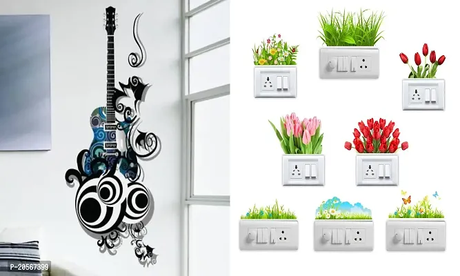 Ghar Kraft Set of 2 Wall Sticker Guitar and Sb Flower Wall Sticker-thumb0