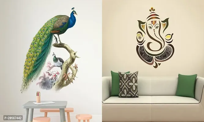 Ghar Kraft Set of 2 Wall Sticker Nature Peacock and Royal Ganesh Wall Sticker