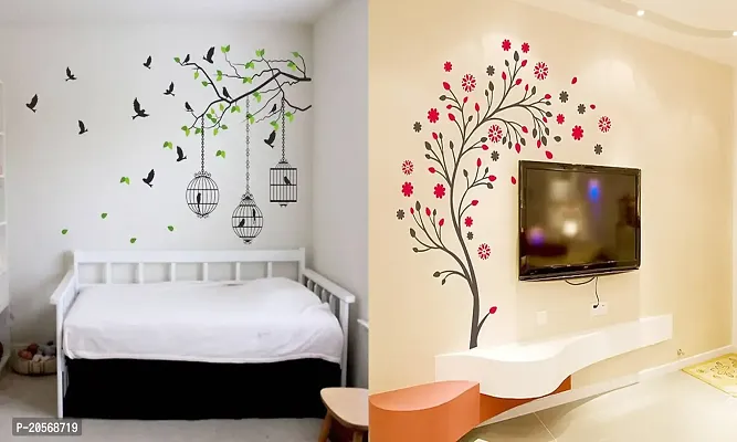 Ghar Kraft Set of 2 PVC Wall Sticker (Flying Bird with Cage and Magical Tree)-thumb0