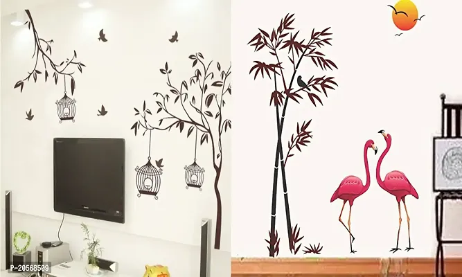 Ghar Kraft Set of 2 Wall Sticker Free Bird Cage Brown and Sunset Swan Wall Sticker