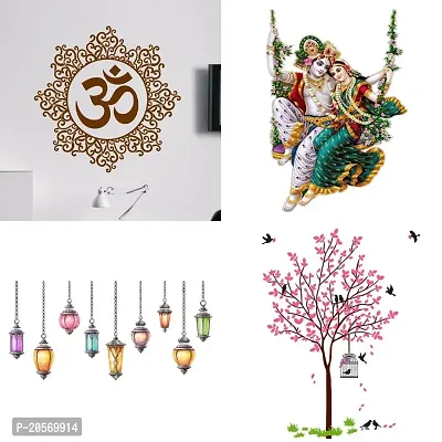 Ghar Kraft Set of 4 Combo Wall Stickers|Designer Om|Radhamadhav Jhula |Hanging Lamp|Pink Tree Bird  Nest-thumb0