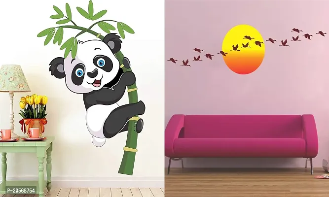 Ghar Kraft Set of 2 Wall Sticker Baby Panda and Sunrise with Flying Birds Wall Sticker