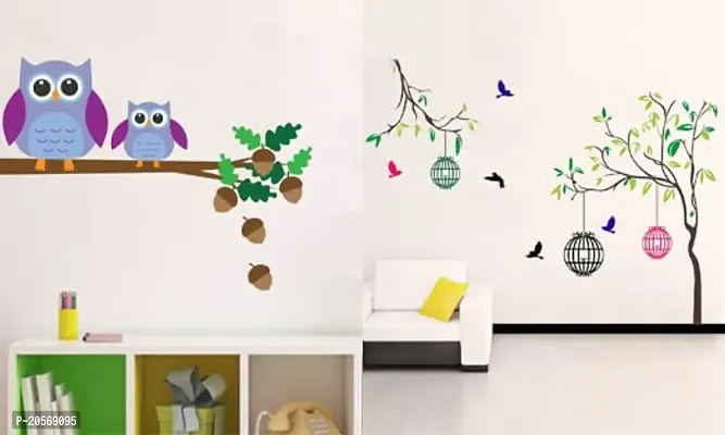 Ghar Kraft Combo Set of 2 Wall Stickers |Owl Son Branch|Free Bird Case-thumb0