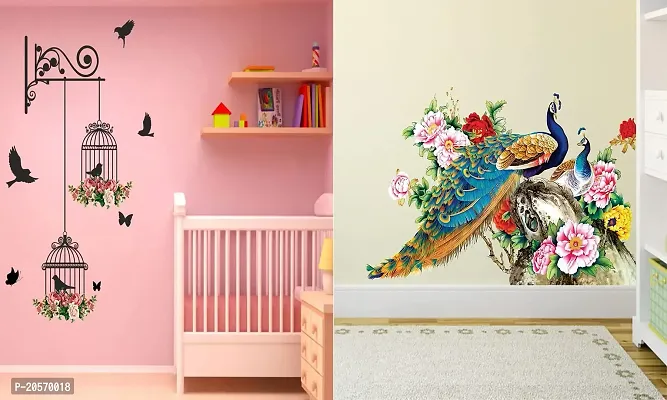 Ghar Kraft Set of 2 Wall Sticker Branches and Cages and Royal Peacock Wall Sticker