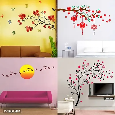 Ghar Kraft Set of 4 Combo Wall Stickers|Chinese Flower|Magical Tree|Red Flower  Lantern|Sunrise  Flying Bird-thumb0