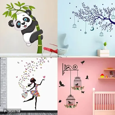 Ghar Kraft Set of 4 Combo Wall Stickers|Baby Panda|Blue Tree Moon|Dreamy Girl|Branches and Cages|