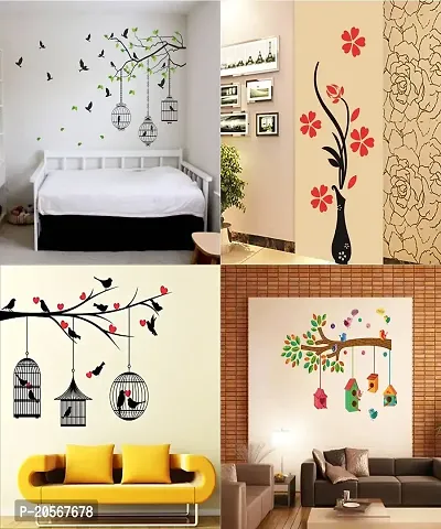 Ghar Kraft Set of 4 Wall Sticker Love Birds with Hearts | Flying Bird with Cage | Flower Vase Red | Flower Vase Red | Flower Vase Red | Bird House On A Branch(PVC Vinyl)