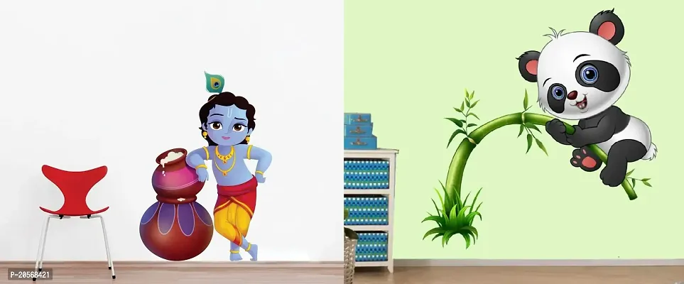 Ghar Kraft Set of 2 Self Adhesive Cute Bal Krishna Makhan Chor Wall Sticker and Cute Panda On Tree Wall Sticker for Puja Room Home Living Room Bedroom Kids Room-thumb0