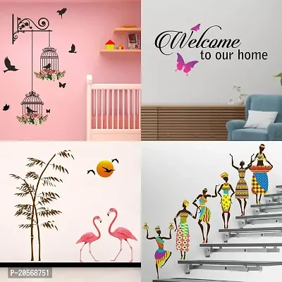 Ghar Kraft Set of 4 Combo Wall Stickers|Branches and Cages|Sunset swan Love|Tribal Lady|Welcome Home Butterfly|-thumb0