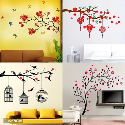 Ghar Kraft Set of 4 Combo Wall Stickers|Chinese Flower|Lovebirds  Hearts|Magical Tree|Red Flower  Lantern