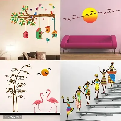 Ghar Kraft Set of 4 Combo Wall Stickers|Bird House Branch|Sunrise  Flying Bird|Sunset swan Love|Tribal Lady|